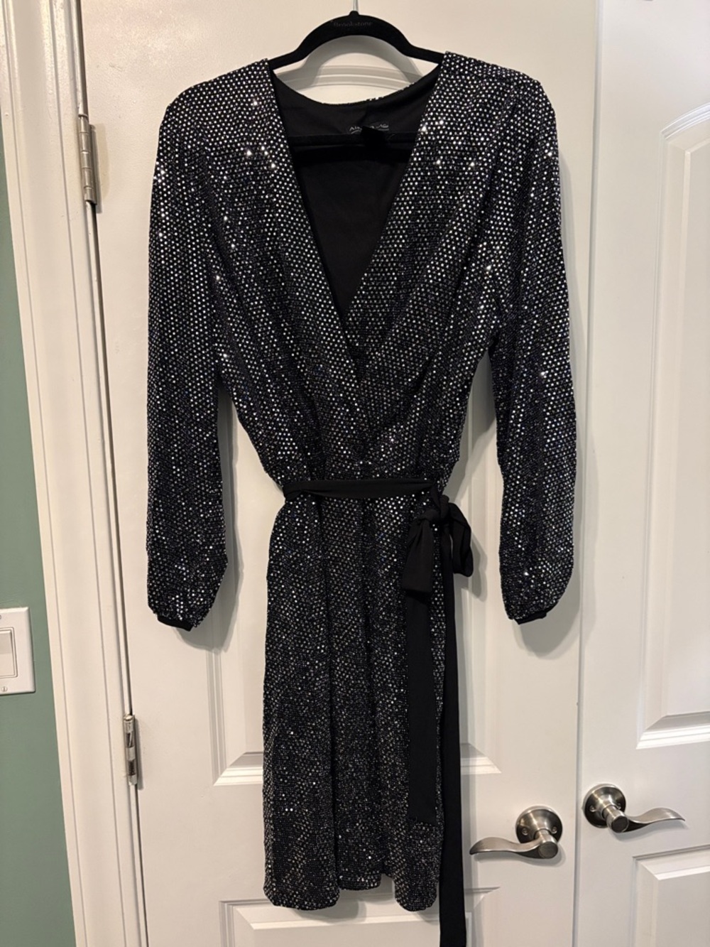 Black Sequin Wrap Dress with Long Sleeves and tie belt NWOT